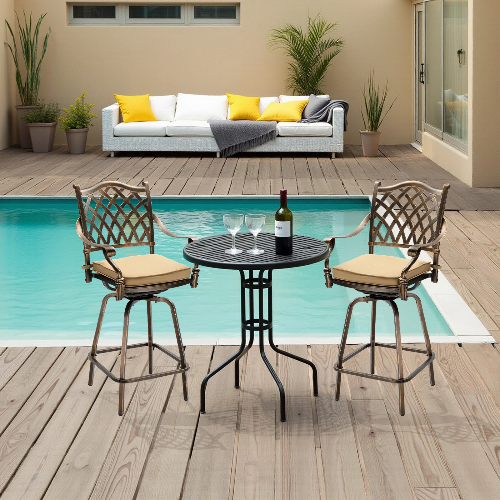Outdoor Swivel Bar Stools Set of 2, Cast Aluminum Patio Bar Height Chairs, All-Weather Bar Dining Chairs Outdoor Swivel Chairs Furniture (Grid Back) view 12