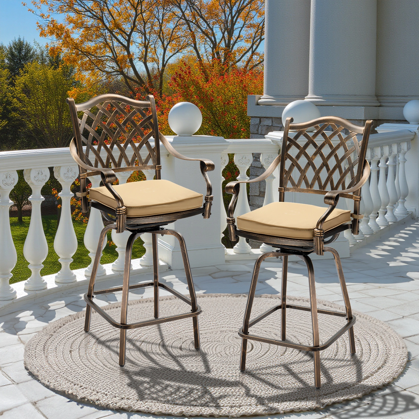Outdoor Swivel Bar Stools Set of 2, Cast Aluminum Patio Bar Height Chairs, All-Weather Bar Dining Chairs Outdoor Swivel Chairs Furniture (Grid Back) view 13