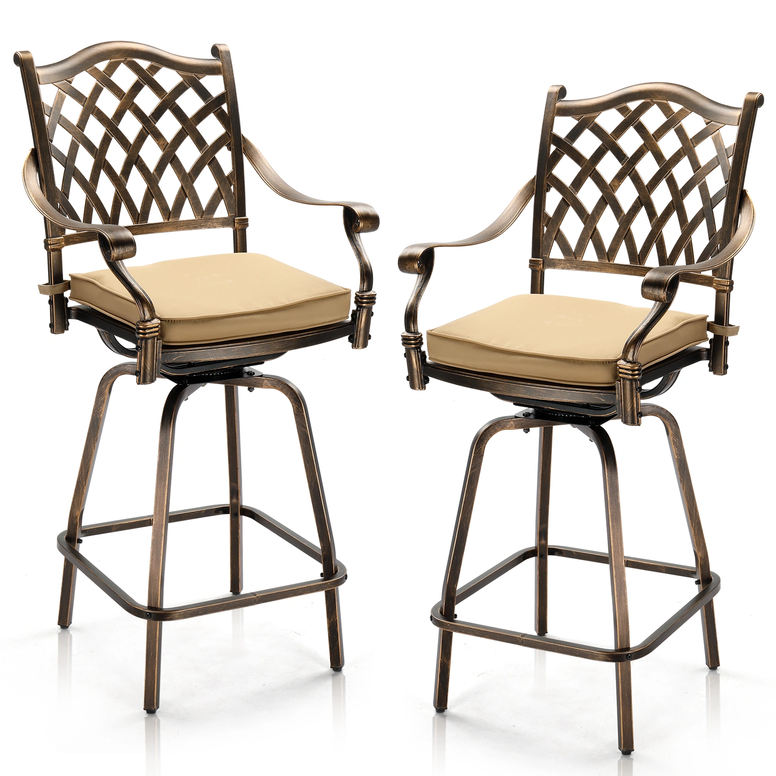 Outdoor Swivel Bar Stools Set of 2, Cast Aluminum Patio Bar Height Chairs, All-Weather Bar Dining Chairs Outdoor Swivel Chairs Furniture (Grid Back) view 16