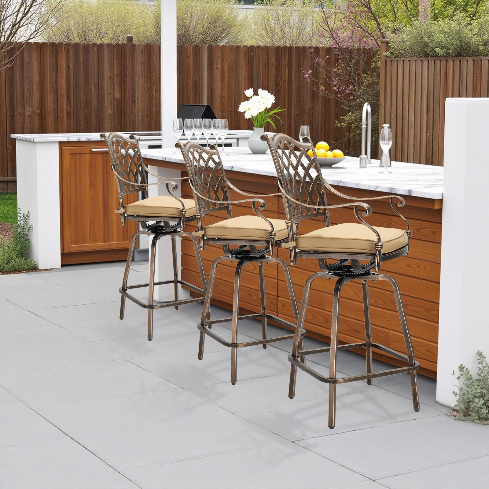 Outdoor Swivel Bar Stools Set of 2, Cast Aluminum Patio Bar Height Chairs, All-Weather Bar Dining Chairs Outdoor Swivel Chairs Furniture (Grid Back) view 9