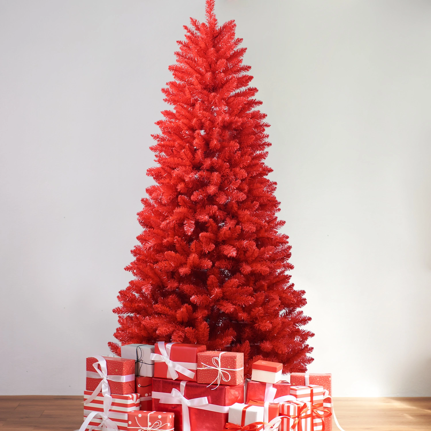 7FT Red Christmas Tree, Pure Red PVC with 1066 Tips, Hinged Branches, Easy Setup, Stable Metal Stand, Full Holiday Decoration