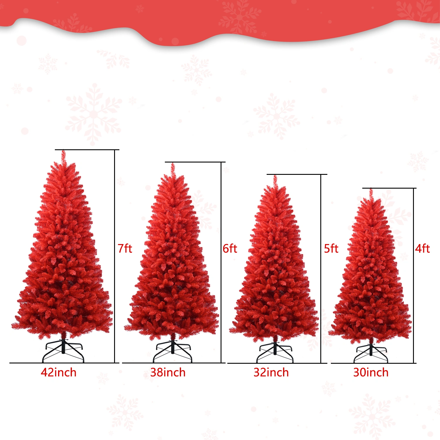 7FT Red Christmas Tree, Pure Red PVC with 1066 Tips, Hinged Branches, Easy Setup, Stable Metal Stand, Full Holiday Decoration view 17