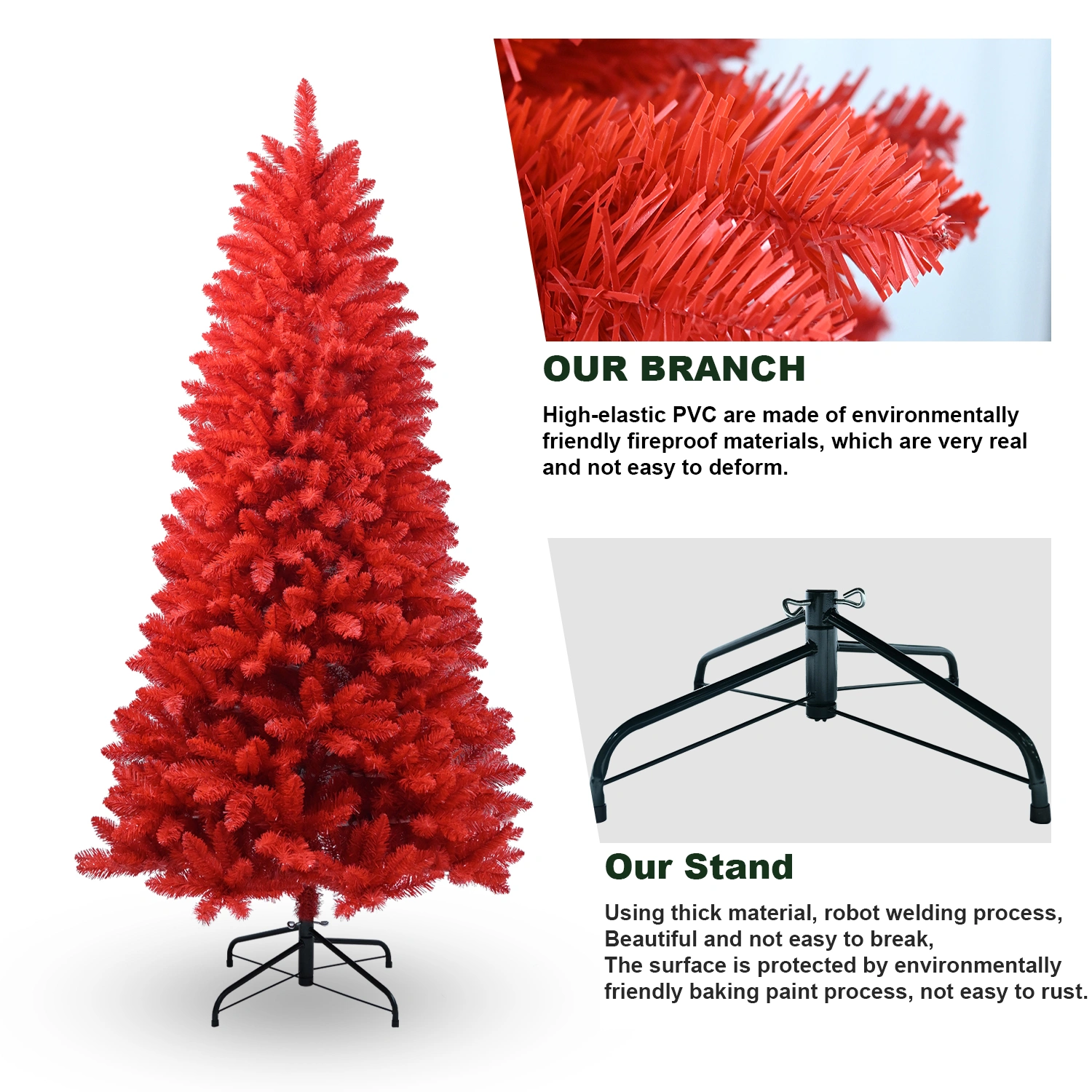 7FT Red Christmas Tree, Pure Red PVC with 1066 Tips, Hinged Branches, Easy Setup, Stable Metal Stand, Full Holiday Decoration view 7