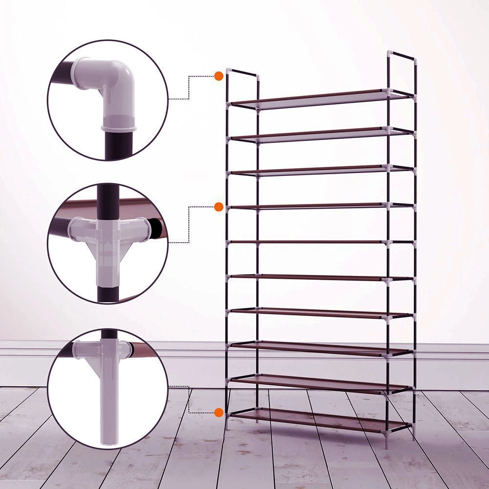 Simple Assembly 10-Tier Non-Woven Fabric Shoe Rack with Carry Handle Dark Brown view 3