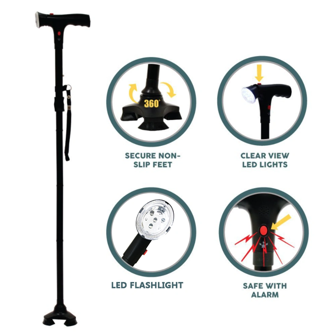Adjustable Folding Walking Cane for Camping Hiking, 5-Level Height LED Light & Alarm, Lightweight Trekking Stick