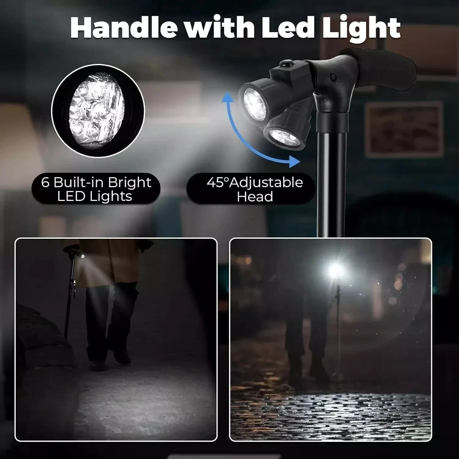 Adjustable Folding Walking Cane for Camping Hiking, 5-Level Height LED Light & Alarm, Lightweight Trekking Stick view 5