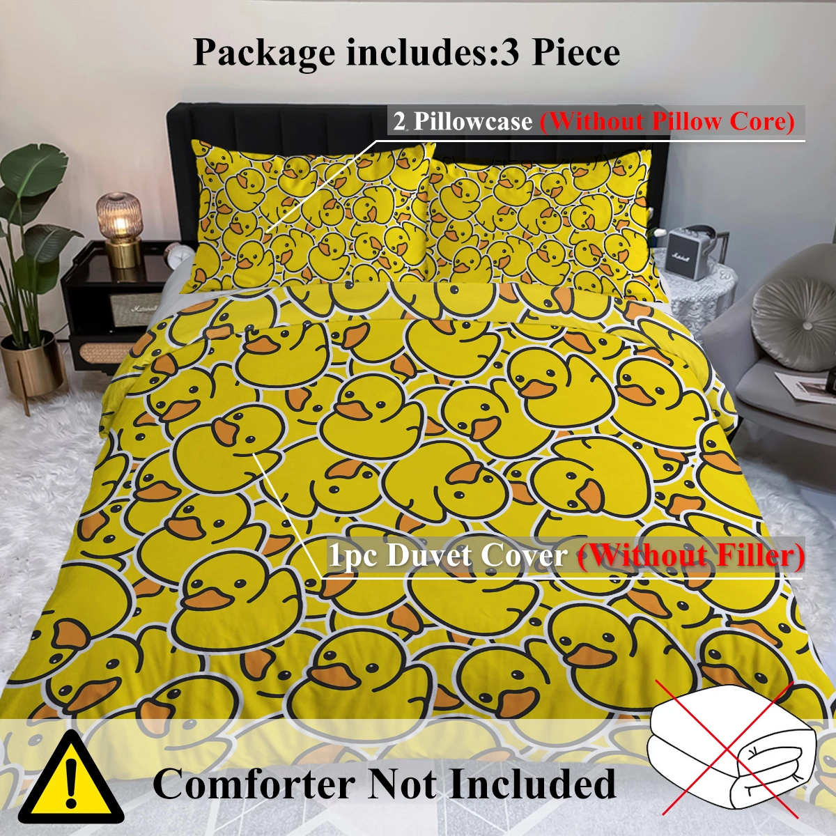 Yellow Rubber Duck Duvet Cover Set Double 3 Piece Cute Duck Bedding Cartoon Duck Comforter Cover with 2 Pillow Cases for Kids Duck Lovers view 4