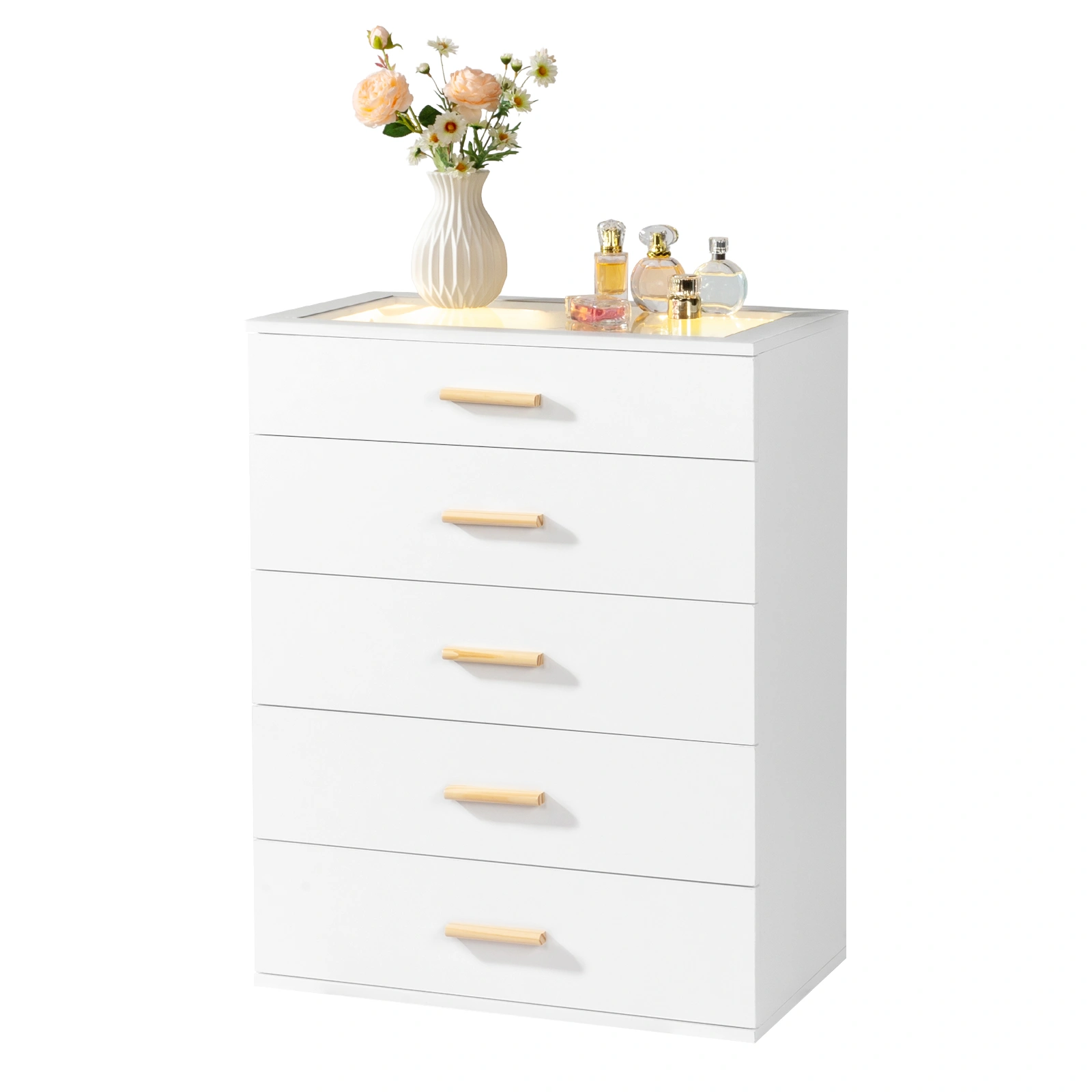 Particleboard Wood Three Drawers With LED Light Bedside Table Dresser Nightstand White