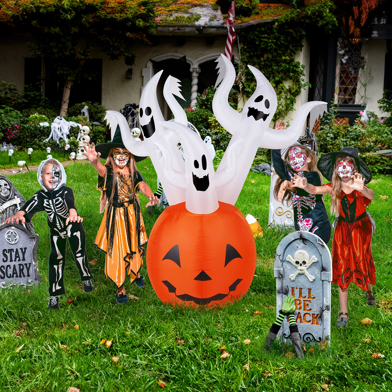 5.9 FT Halloween Inflatable Pumpkin Ghost, Outdoor Yard Decor with Built-in LED Lights, Scary Blow Up Decoration for Lawn Garden Party view 11