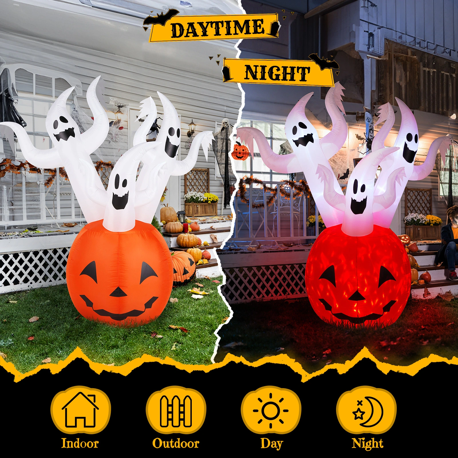 5.9 FT Halloween Inflatable Pumpkin Ghost, Outdoor Yard Decor with Built-in LED Lights, Scary Blow Up Decoration for Lawn Garden Party view 5