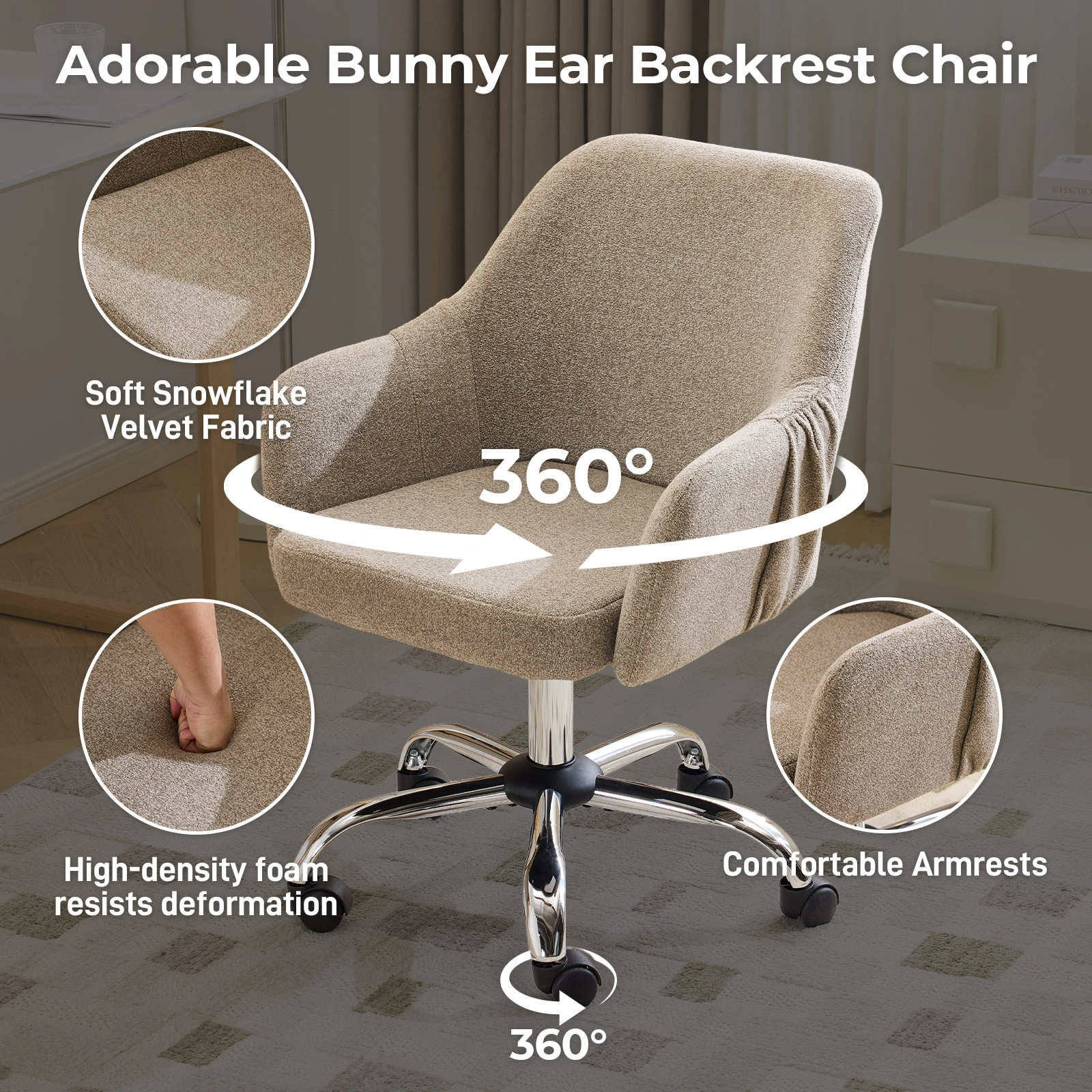4" Vanity Desk Chair with Armrests Snowflake Velvet Upholstered Office Chair 31"-35" Height Adjustable 360° Swivel Rolling Chair for Bedroom Study Living Room Light Brown view 4