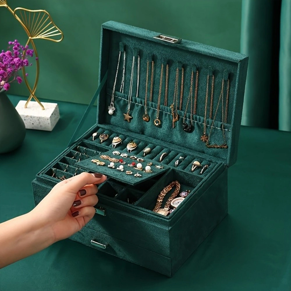 Green 3-Layer Jewelry Box Large PU Leather Finish Storage Drawer Organizer for Earrings Necklace Bracelet Ring