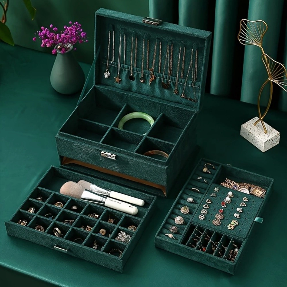 Green 3-Layer Jewelry Box Large PU Leather Finish Storage Drawer Organizer for Earrings Necklace Bracelet Ring view 2