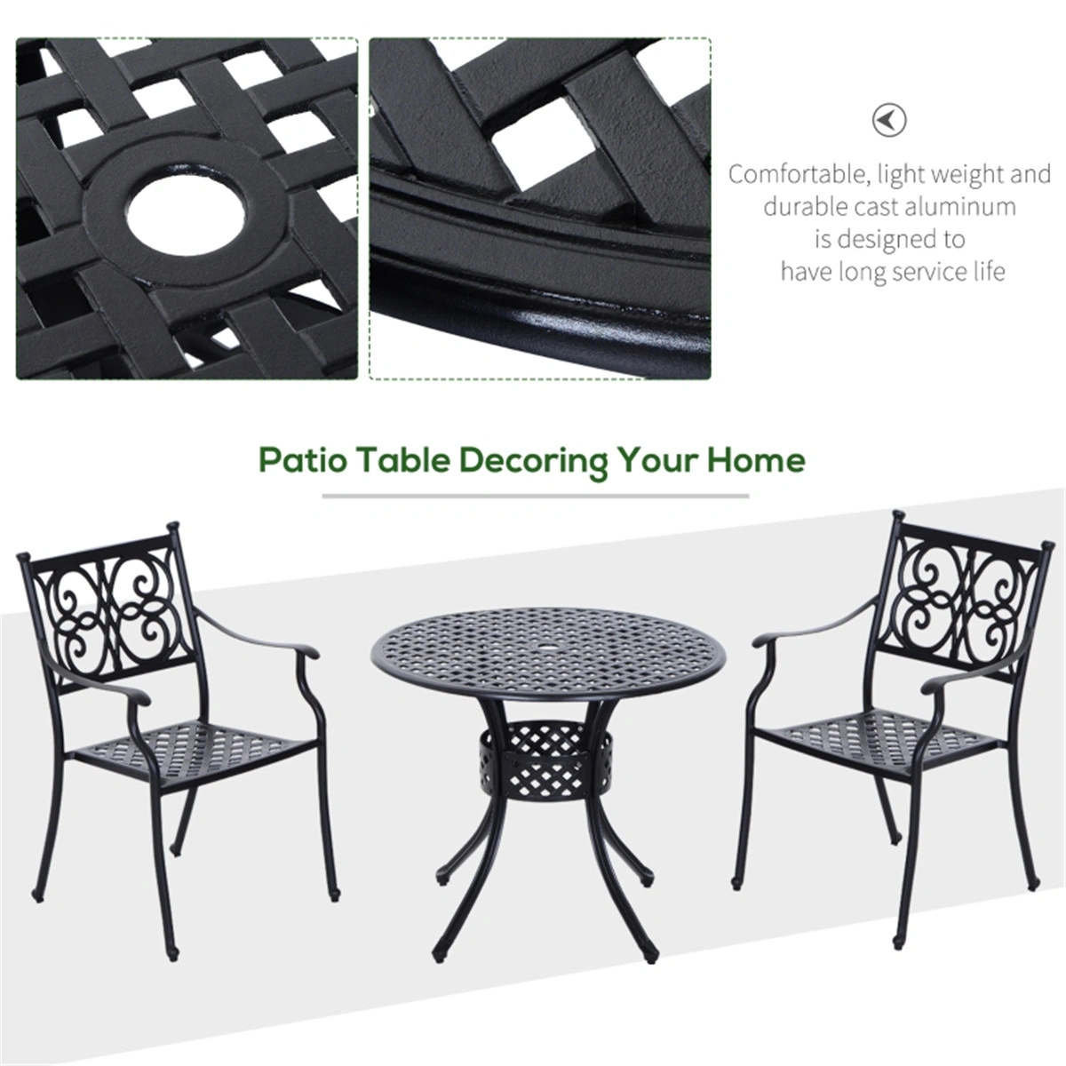 33 Inch Round Outdoor Bistro Table Black, Patio Dining Table with Umbrella Hole, Poolside Table view 2