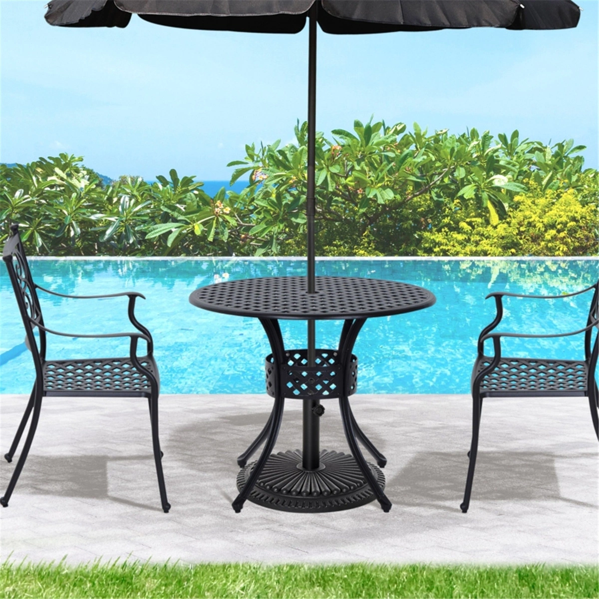 33 Inch Round Outdoor Bistro Table Black, Patio Dining Table with Umbrella Hole, Poolside Table view 7