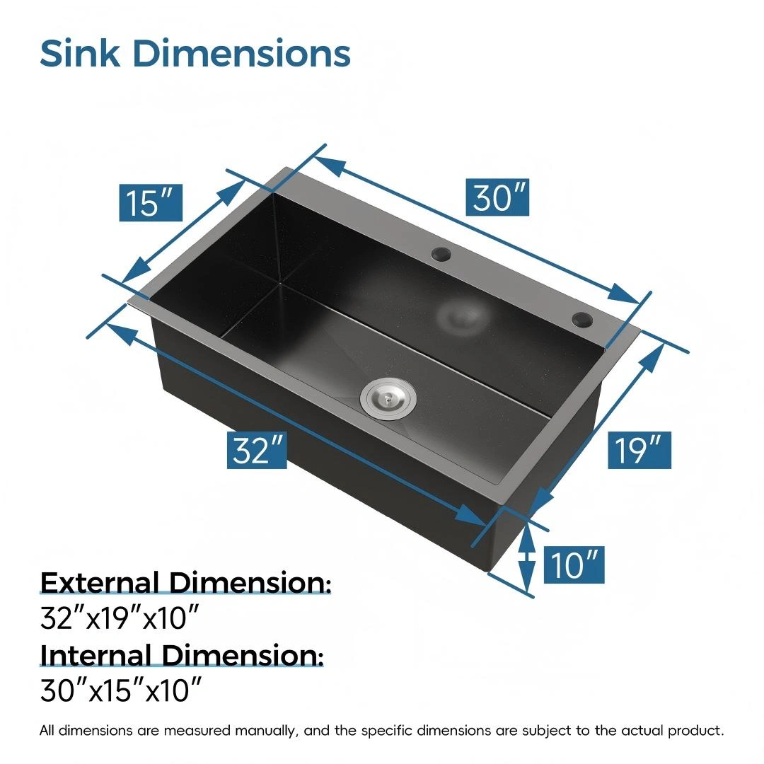 Stainless Steel Kitchen Sink, 32″x19″ Single Bowl, Overmount Handmade Sink in Black, with US Standard Drain and Hook[Unable ship on weekends, TK/TEMU only for pickup, only TX10643 warehouse supports GOFO] view 2
