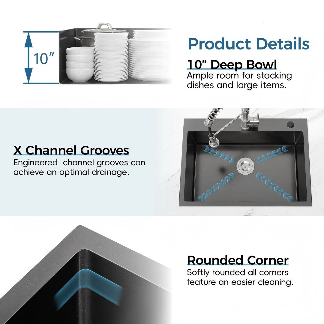 Stainless Steel Kitchen Sink, 32″x19″ Single Bowl, Overmount Handmade Sink in Black, with US Standard Drain and Hook[Unable ship on weekends, TK/TEMU only for pickup, only TX10643 warehouse supports GOFO] view 5