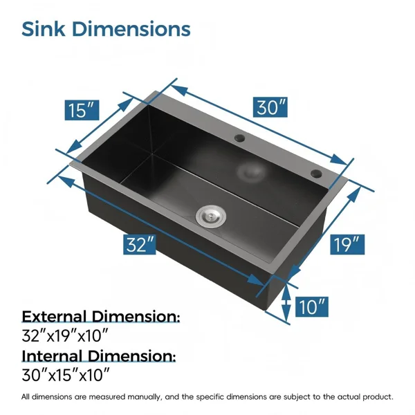 Stainless Steel Kitchen Sink, 32″x19″ Single Bowl, Overmount Handmade Sink in Black, with US Standard Drain and Hook[Unable ship on weekends, TK/TEMU only for pickup, only TX10643 warehouse supports GOFO] view 2