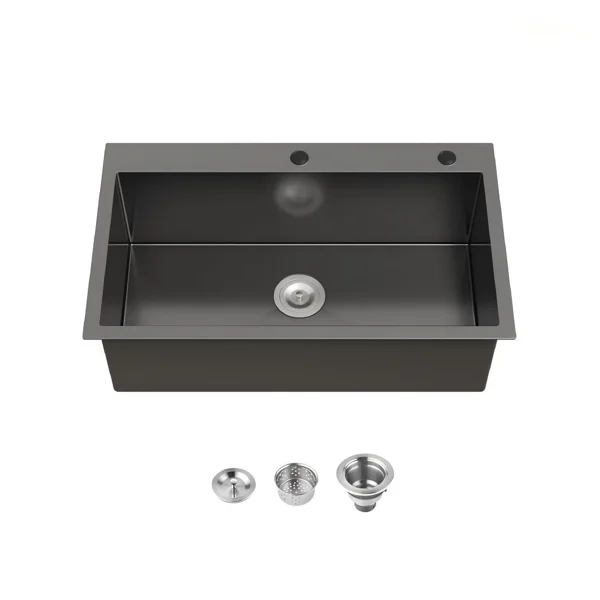 Stainless Steel Kitchen Sink, 32″x19″ Single Bowl, Overmount Handmade Sink in Black, with US Standard Drain and Hook[Unable ship on weekends, TK/TEMU only for pickup, only TX10643 warehouse supports GOFO]