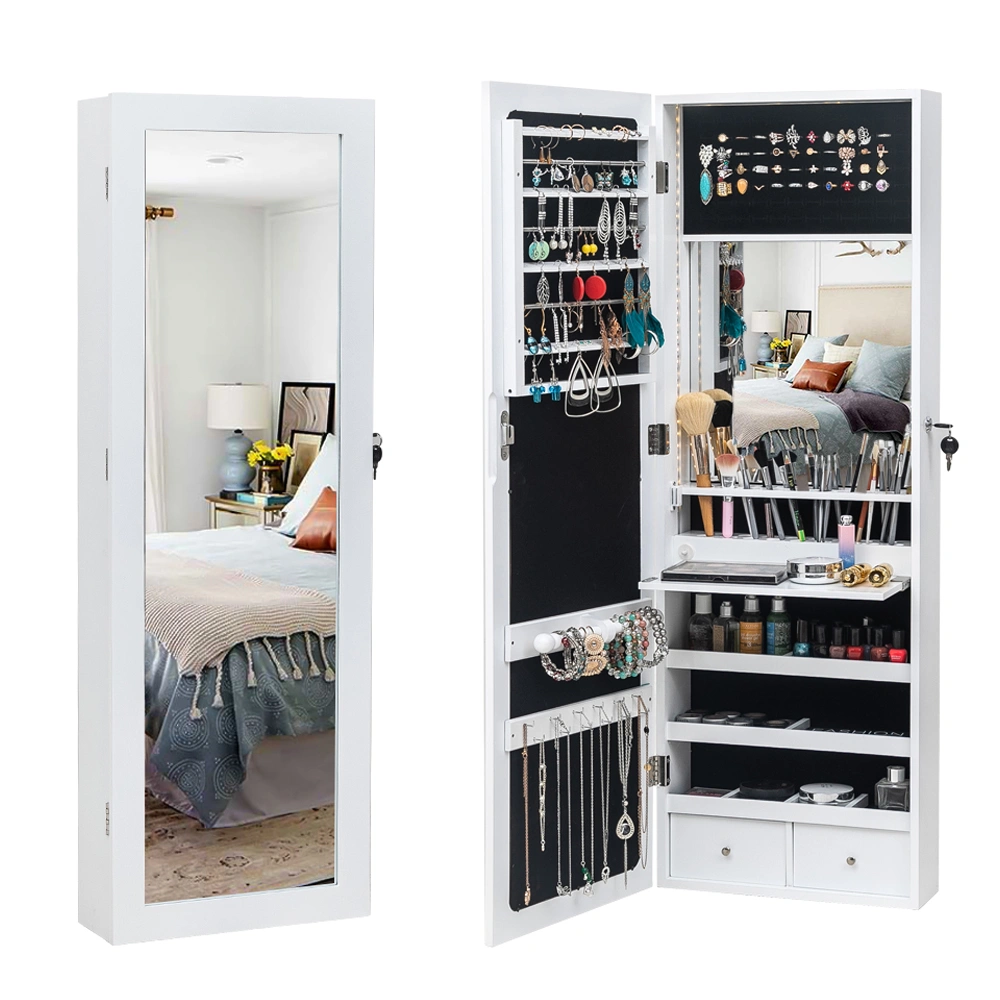 White Wooden Wall Mounted Vanity Cabinet 3-Tier Shelf 2 Drawers 17 Cosmetic Brush Holders Interior Mirror 95 White LED Lights Jewelry Storage view 2