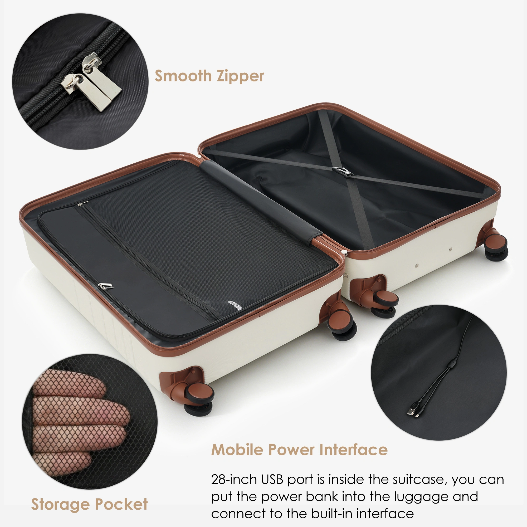 4-Piece Luggage Set with USB Charging Ports - 20in Carry-On (Front-Opening for Laptop) 28in Checked Suitcase with TSA Lock Travel Duffel Bag Wet-Dry Toiletry Bag, ivory and brown view 10