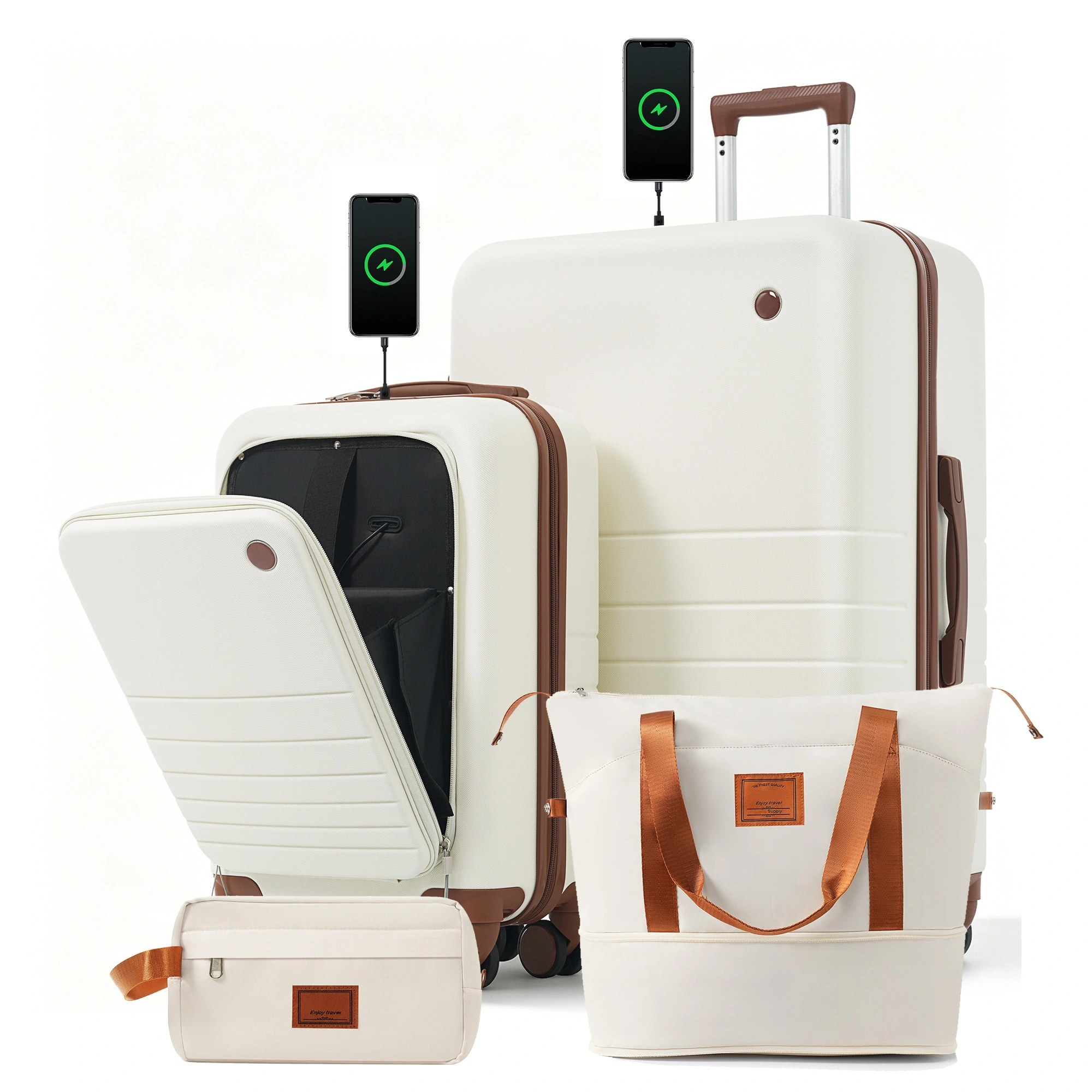 4-Piece Luggage Set with USB Charging Ports - 20in Carry-On (Front-Opening for Laptop) 28in Checked Suitcase with TSA Lock Travel Duffel Bag Wet-Dry Toiletry Bag, ivory and brown view 11
