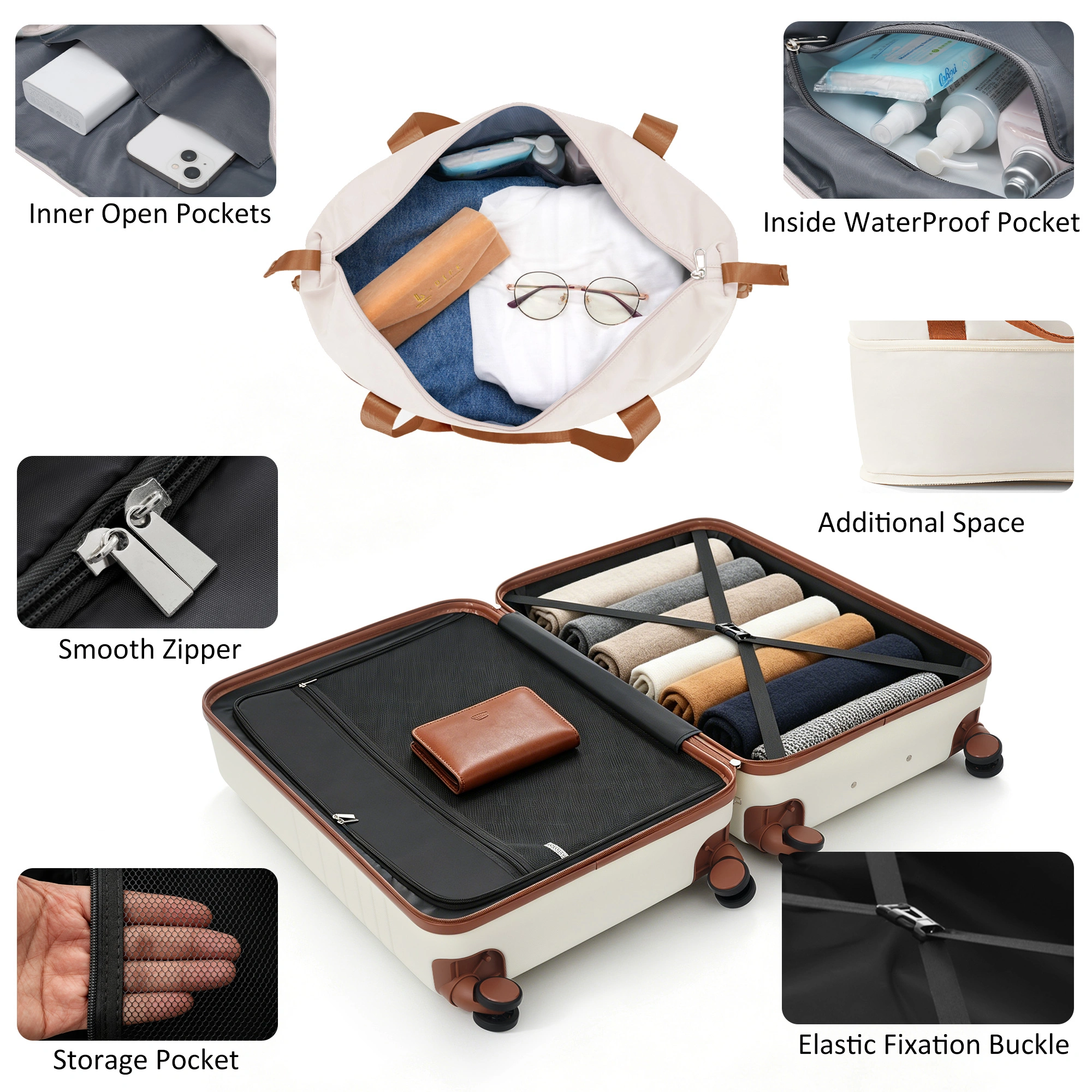 4-Piece Luggage Set with USB Charging Ports - 20in Carry-On (Front-Opening for Laptop) 28in Checked Suitcase with TSA Lock Travel Duffel Bag Wet-Dry Toiletry Bag, ivory and brown view 13