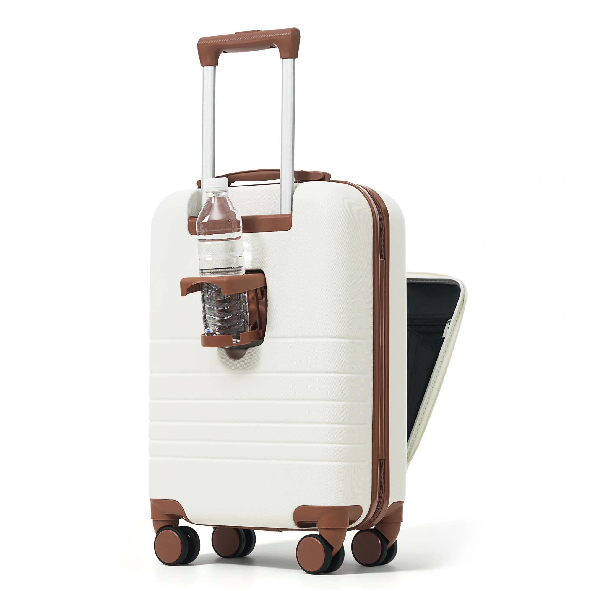 4-Piece Luggage Set with USB Charging Ports - 20in Carry-On (Front-Opening for Laptop) 28in Checked Suitcase with TSA Lock Travel Duffel Bag Wet-Dry Toiletry Bag, ivory and brown view 5