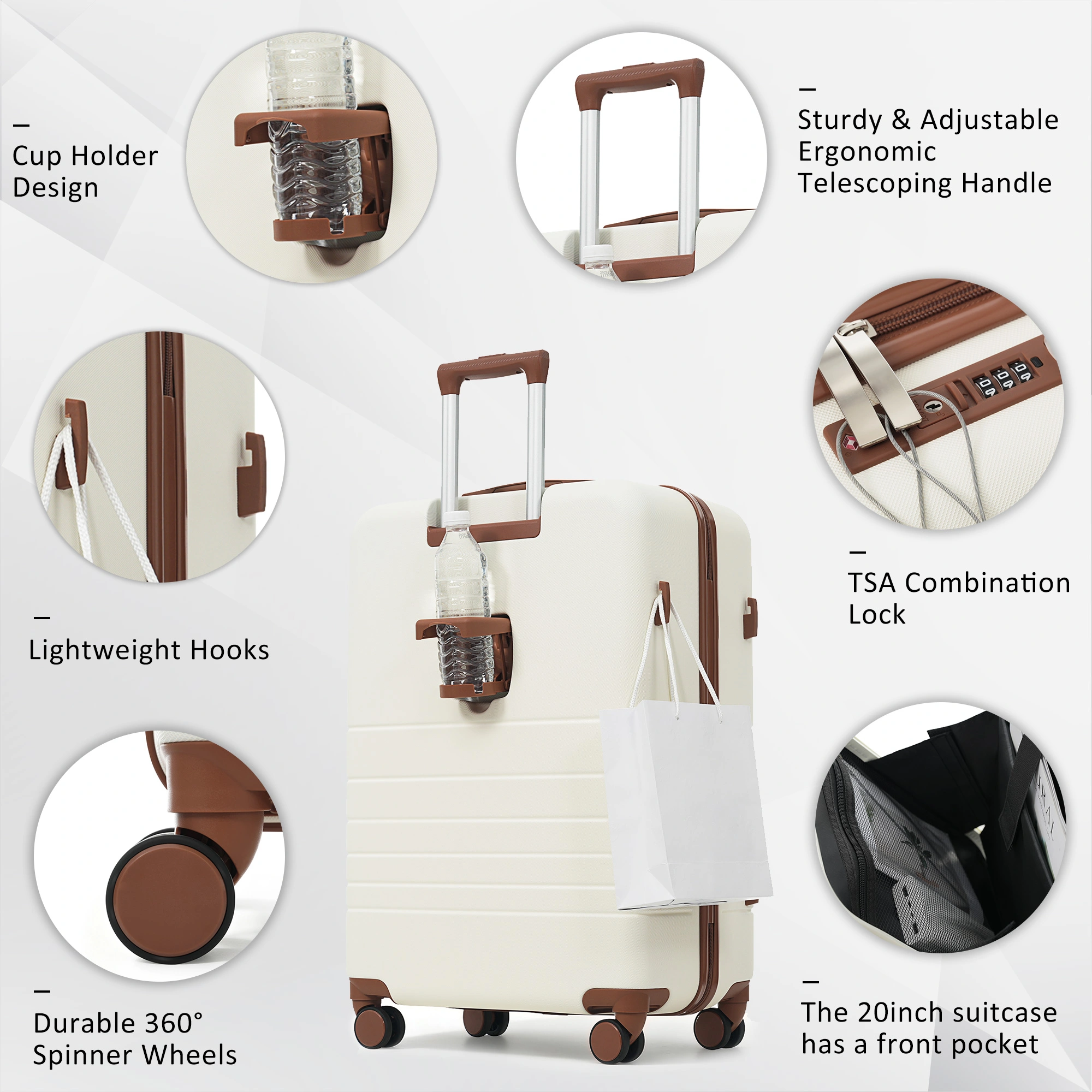 4-Piece Luggage Set with USB Charging Ports - 20in Carry-On (Front-Opening for Laptop) 28in Checked Suitcase with TSA Lock Travel Duffel Bag Wet-Dry Toiletry Bag, ivory and brown view 6