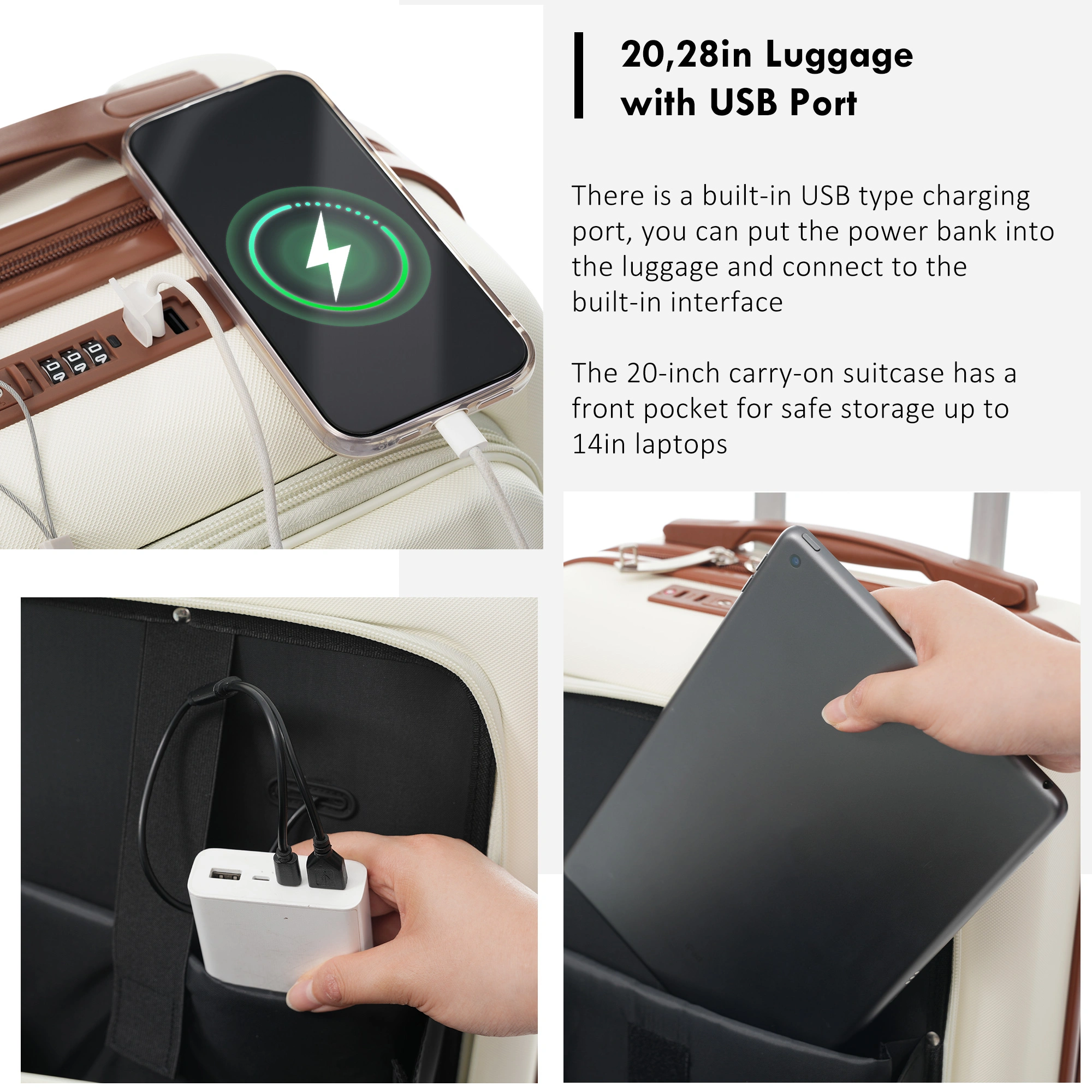 4-Piece Luggage Set with USB Charging Ports - 20in Carry-On (Front-Opening for Laptop) 28in Checked Suitcase with TSA Lock Travel Duffel Bag Wet-Dry Toiletry Bag, ivory and brown view 8