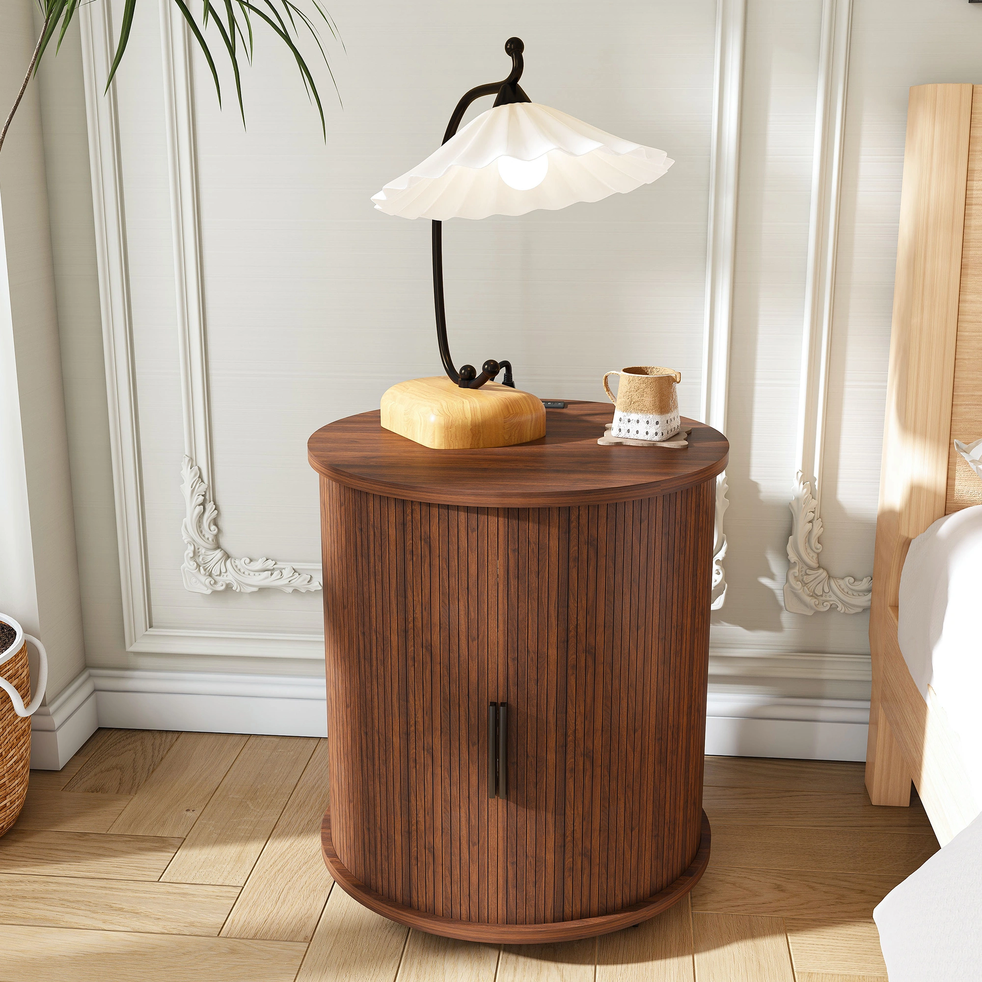 Set of 2 Mid Century Modern Cylinder End Tables with USB Charging Station & Sliding Door, 2-Tier Storage Round Nightstand, Walnut Bedside Tables for Living Room, Bedroom, Entryway view 10