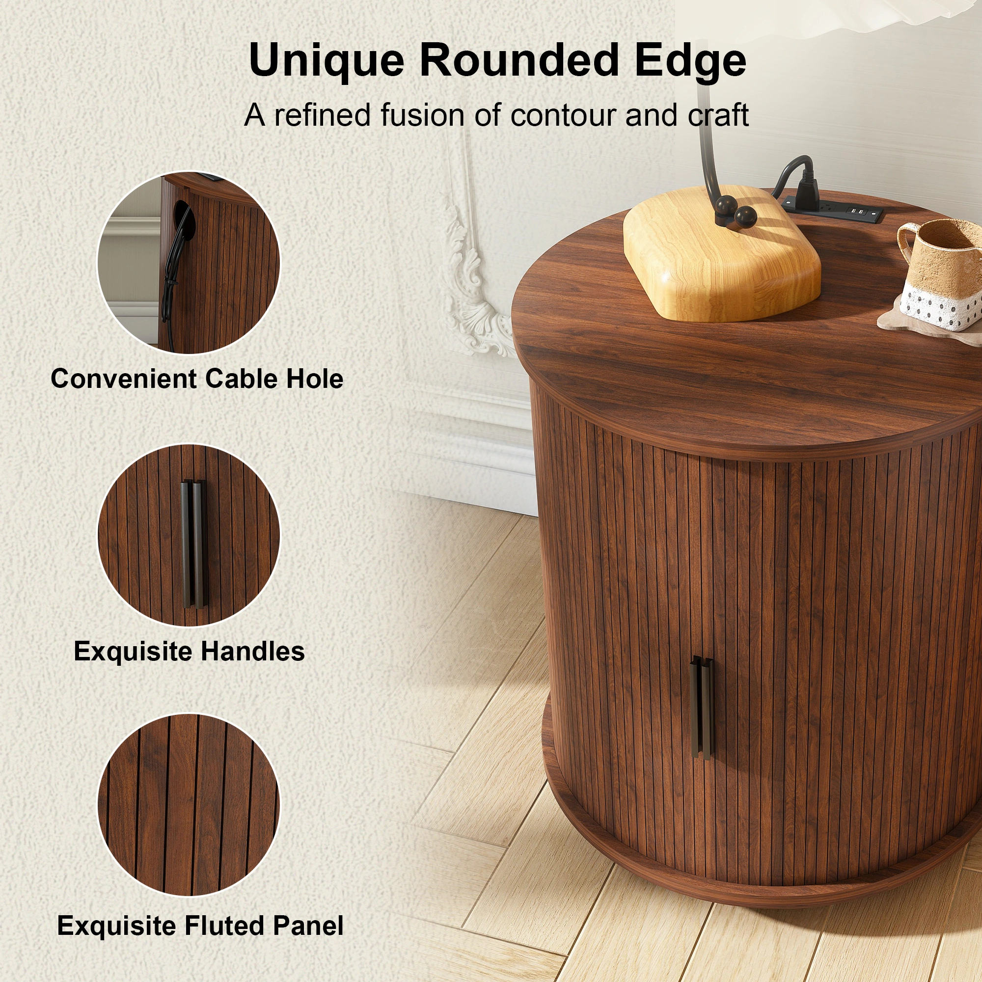 Set of 2 Mid Century Modern Cylinder End Tables with USB Charging Station & Sliding Door, 2-Tier Storage Round Nightstand, Walnut Bedside Tables for Living Room, Bedroom, Entryway view 13