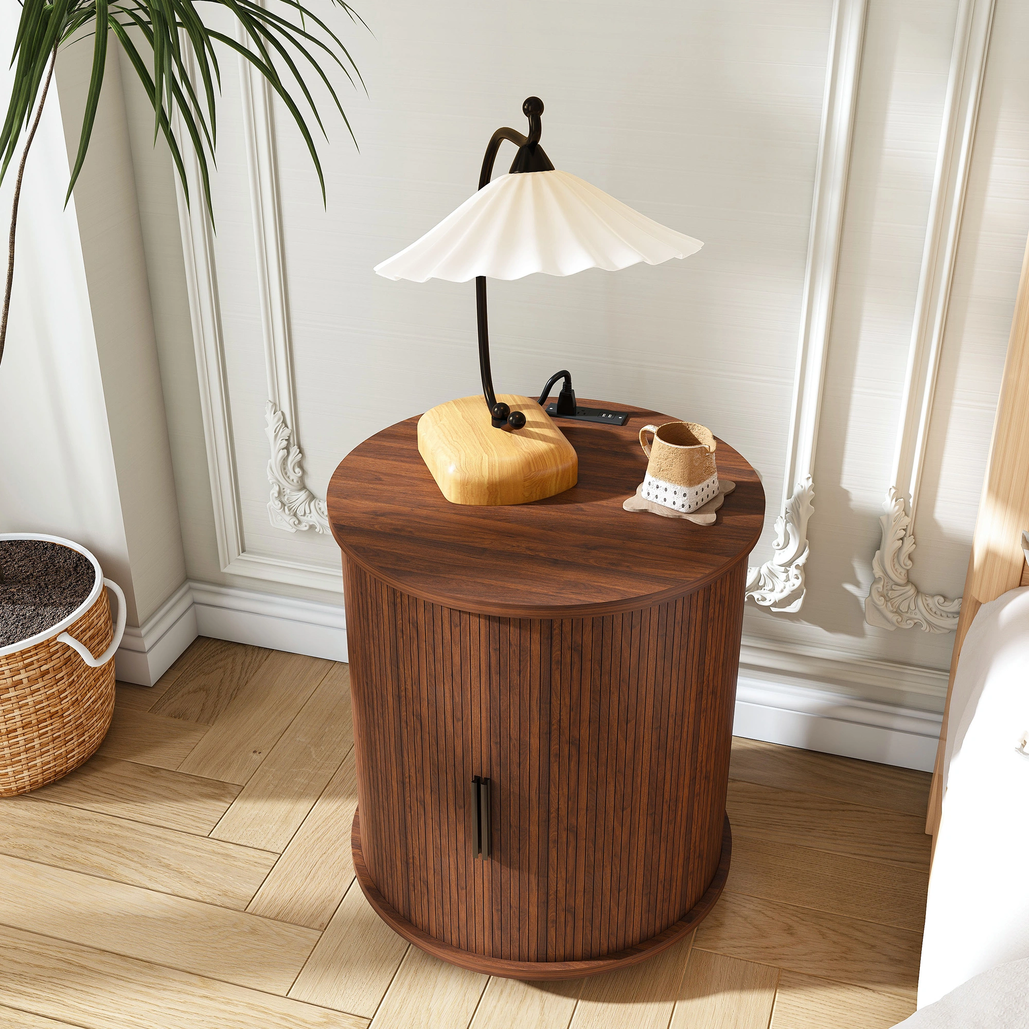 Set of 2 Mid Century Modern Cylinder End Tables with USB Charging Station & Sliding Door, 2-Tier Storage Round Nightstand, Walnut Bedside Tables for Living Room, Bedroom, Entryway view 15