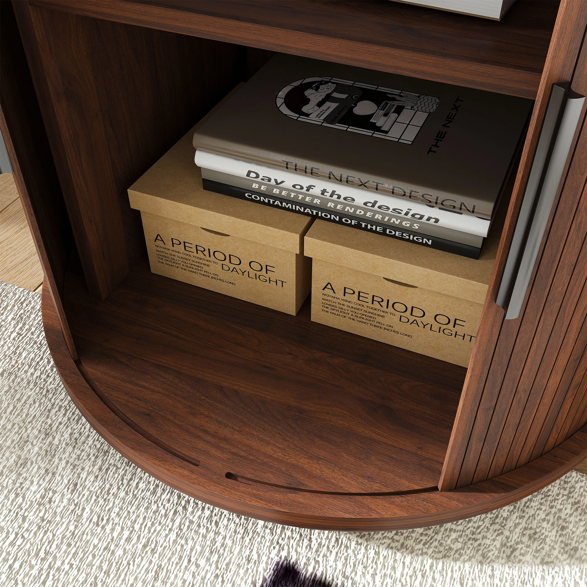 Set of 2 Mid Century Modern Cylinder End Tables with USB Charging Station & Sliding Door, 2-Tier Storage Round Nightstand, Walnut Bedside Tables for Living Room, Bedroom, Entryway view 16