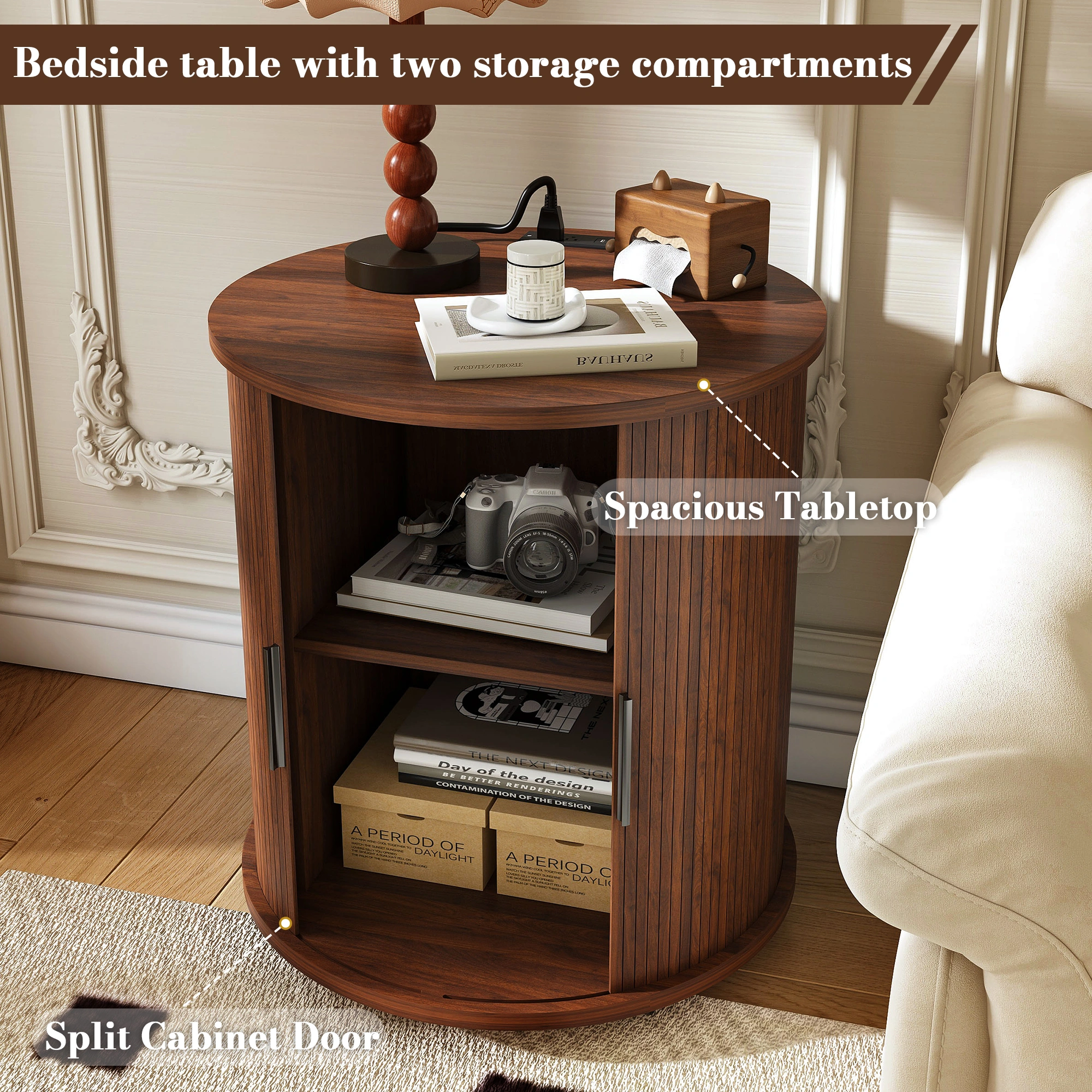 Set of 2 Mid Century Modern Cylinder End Tables with USB Charging Station & Sliding Door, 2-Tier Storage Round Nightstand, Walnut Bedside Tables for Living Room, Bedroom, Entryway view 17