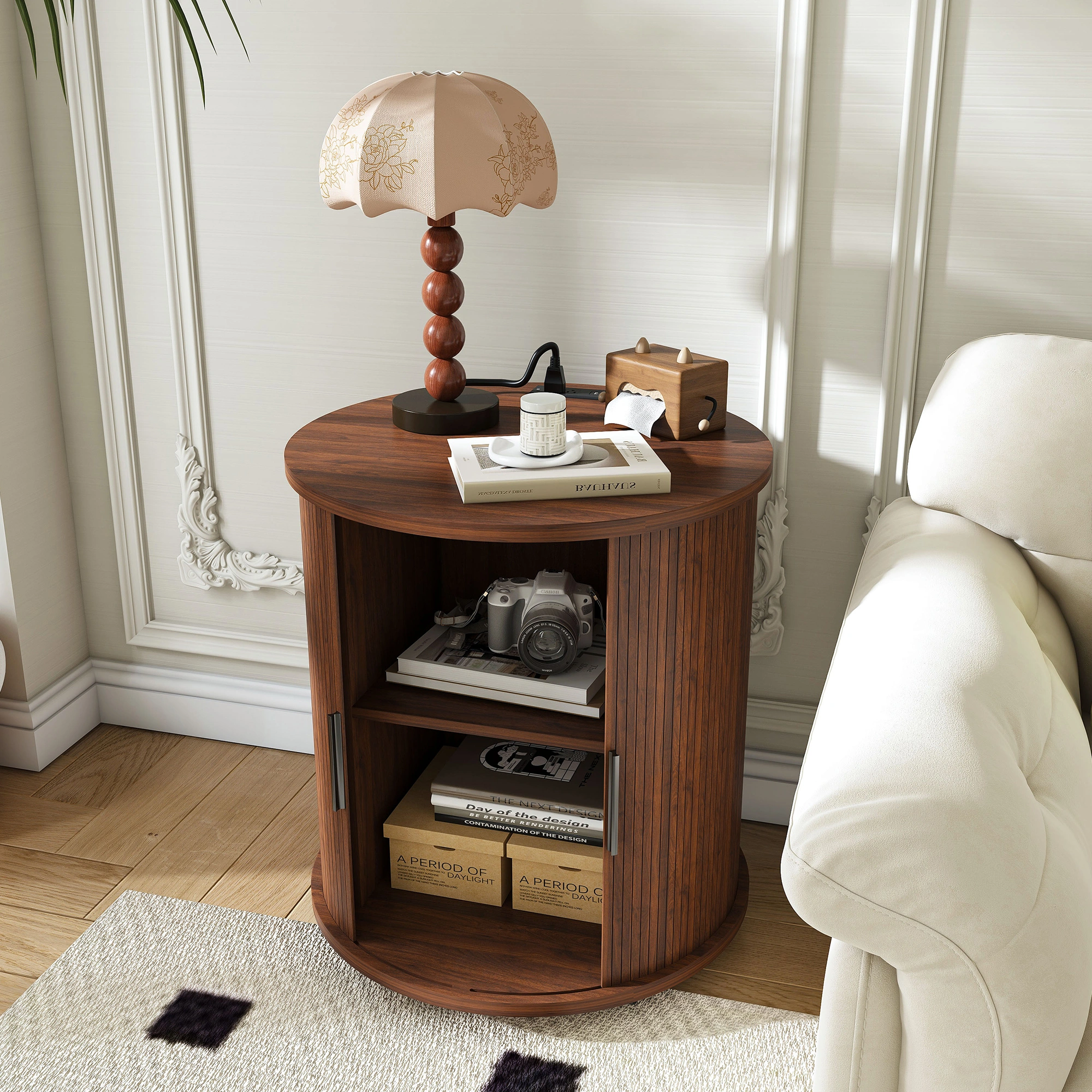 Set of 2 Mid Century Modern Cylinder End Tables with USB Charging Station & Sliding Door, 2-Tier Storage Round Nightstand, Walnut Bedside Tables for Living Room, Bedroom, Entryway view 3