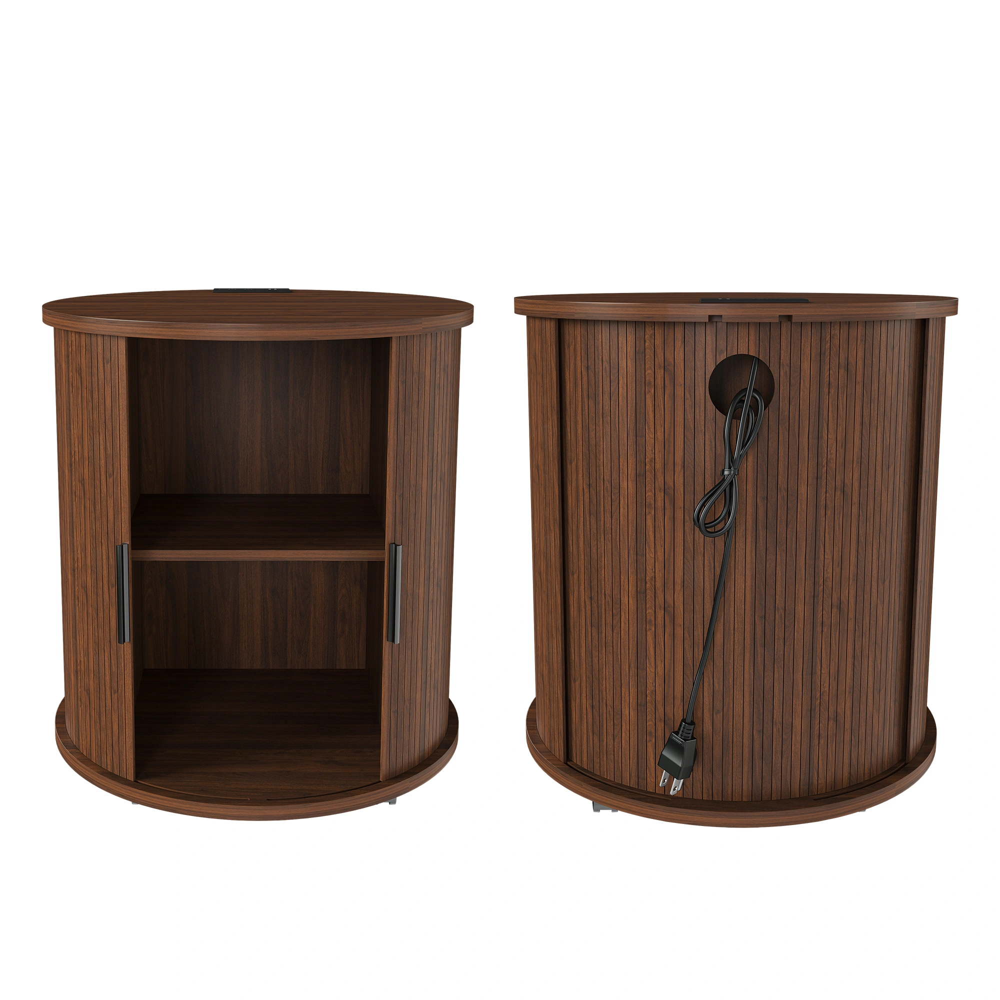 Set of 2 Mid Century Modern Cylinder End Tables with USB Charging Station & Sliding Door, 2-Tier Storage Round Nightstand, Walnut Bedside Tables for Living Room, Bedroom, Entryway view 4