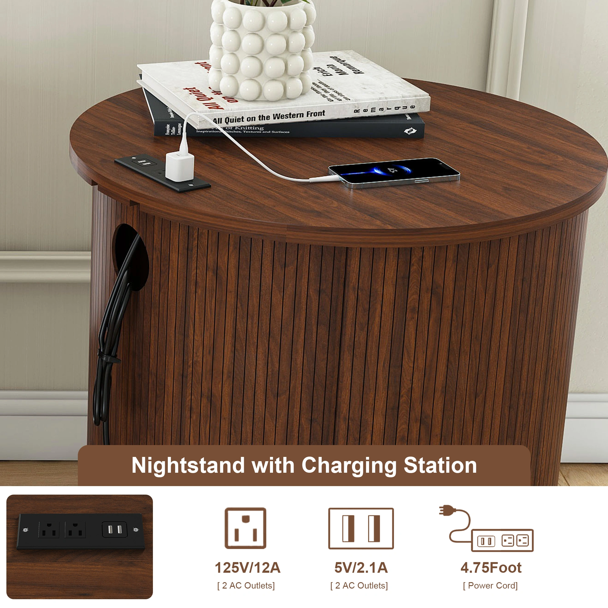 Set of 2 Mid Century Modern Cylinder End Tables with USB Charging Station & Sliding Door, 2-Tier Storage Round Nightstand, Walnut Bedside Tables for Living Room, Bedroom, Entryway view 5