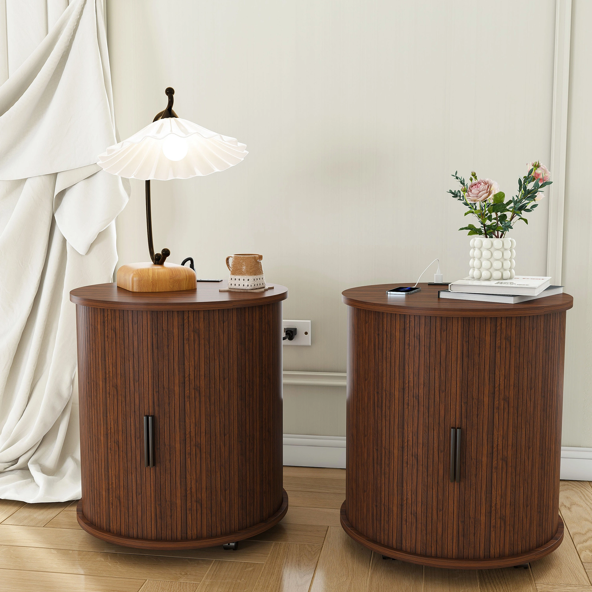 Set of 2 Mid Century Modern Cylinder End Tables with USB Charging Station & Sliding Door, 2-Tier Storage Round Nightstand, Walnut Bedside Tables for Living Room, Bedroom, Entryway view 6