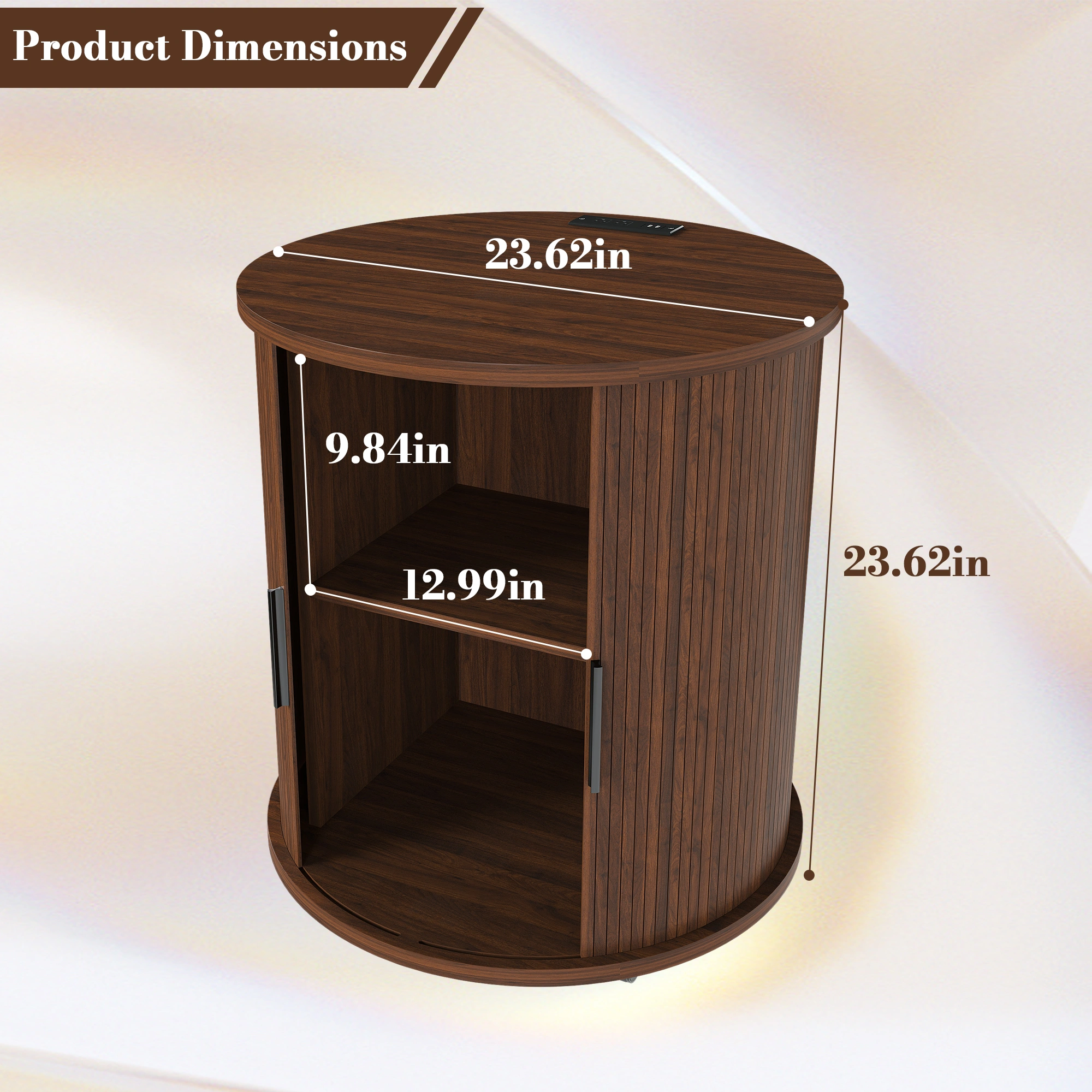 Set of 2 Mid Century Modern Cylinder End Tables with USB Charging Station & Sliding Door, 2-Tier Storage Round Nightstand, Walnut Bedside Tables for Living Room, Bedroom, Entryway view 7