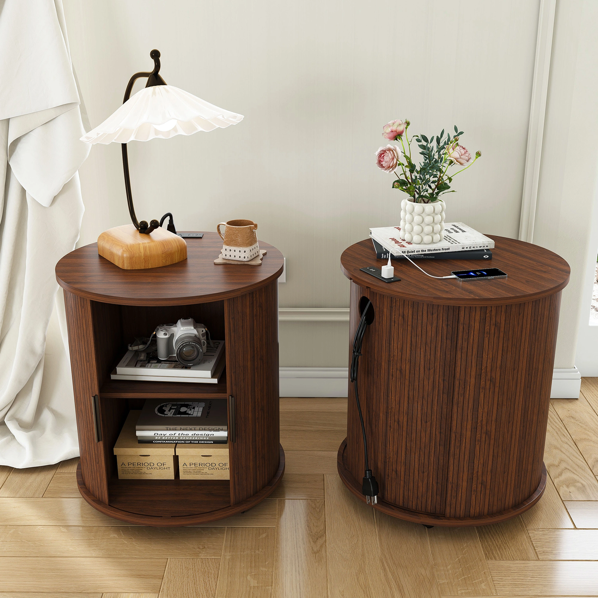 Set of 2 Mid Century Modern Cylinder End Tables with USB Charging Station & Sliding Door, 2-Tier Storage Round Nightstand, Walnut Bedside Tables for Living Room, Bedroom, Entryway view 8