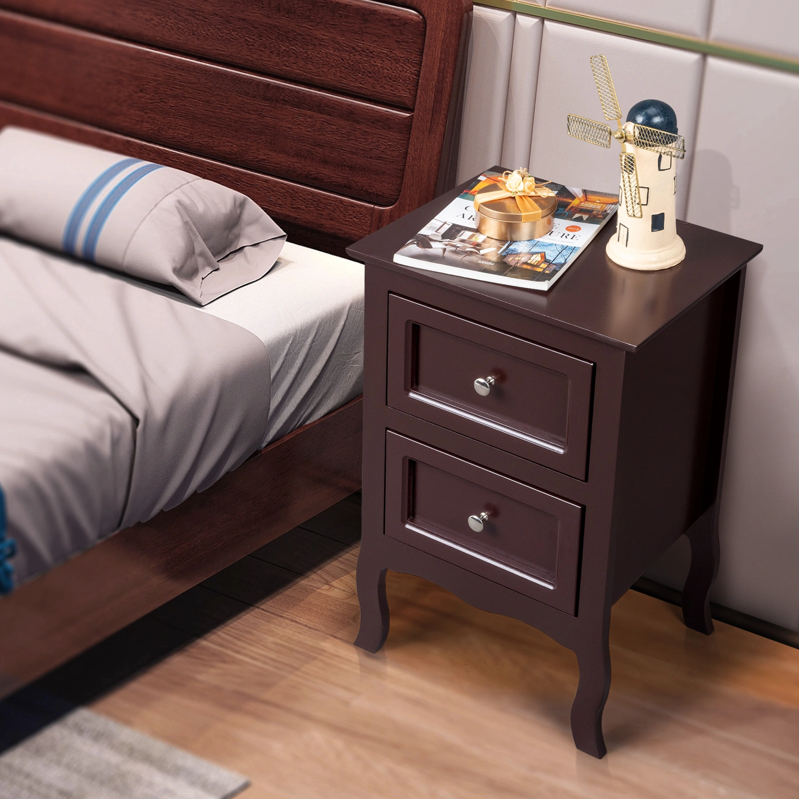 2PCS Country Style Two-Tier Night Stands, Large Size Bedside Tables with Storage Shelf, Wood Finish End Tables for Bedroom view 22