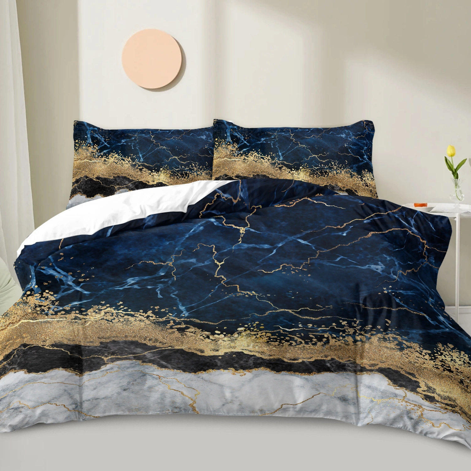 White Marble Navy Blue Duvet Cover Set Double - 3-Piece Chic Gilded Bedding Set with 2 Pillowcases, Trendy Printed Quilt Cover