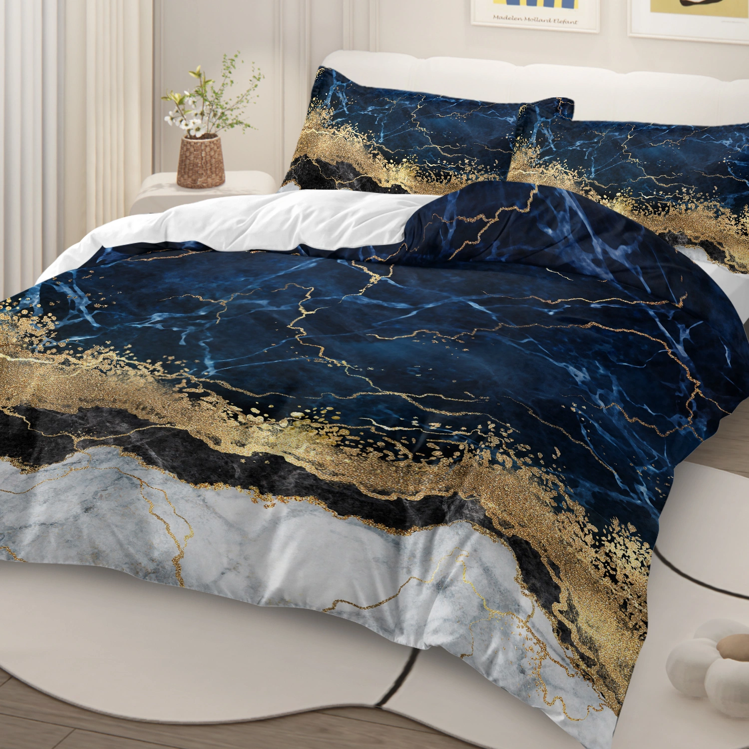 White Marble Navy Blue Duvet Cover Set Double - 3-Piece Chic Gilded Bedding Set with 2 Pillowcases, Trendy Printed Quilt Cover view 2