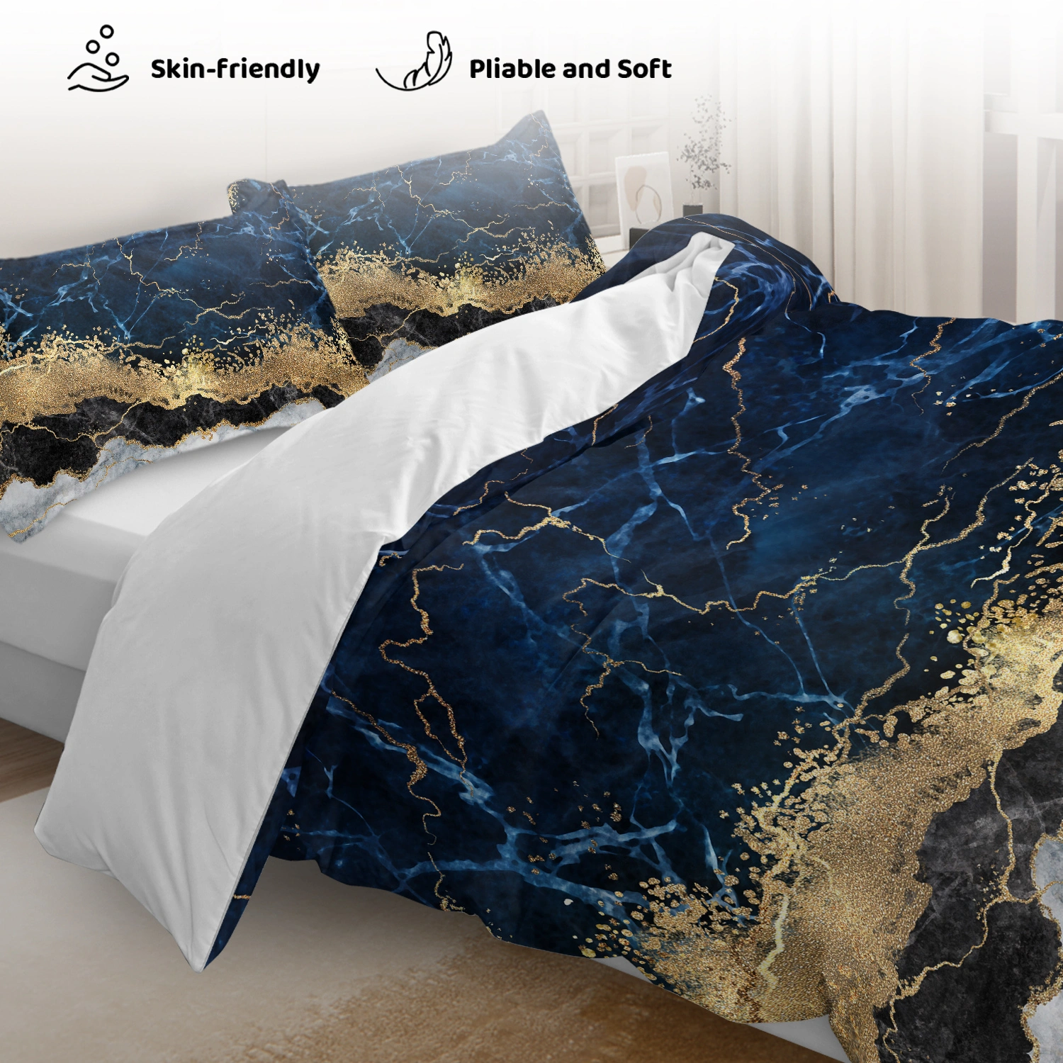 White Marble Navy Blue Duvet Cover Set Double - 3-Piece Chic Gilded Bedding Set with 2 Pillowcases, Trendy Printed Quilt Cover view 3