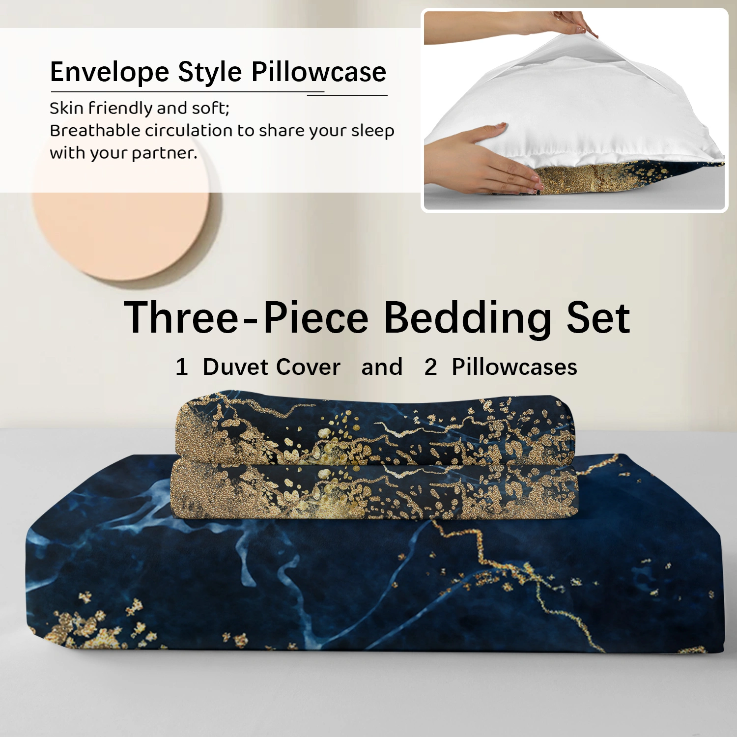 White Marble Navy Blue Duvet Cover Set Double - 3-Piece Chic Gilded Bedding Set with 2 Pillowcases, Trendy Printed Quilt Cover view 4