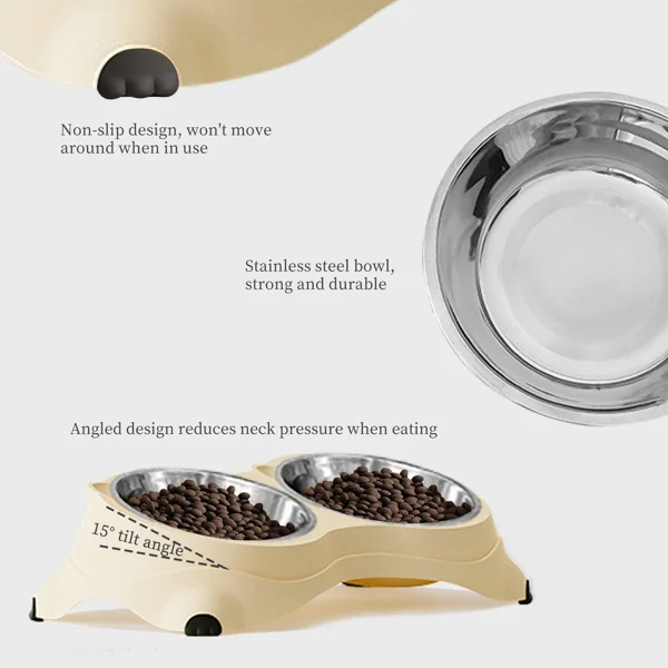 Anti slip base double cat food bowl, gray stainless steel food and water bowl, easy to clean and detachable design, cat and dog pet feeder view 2