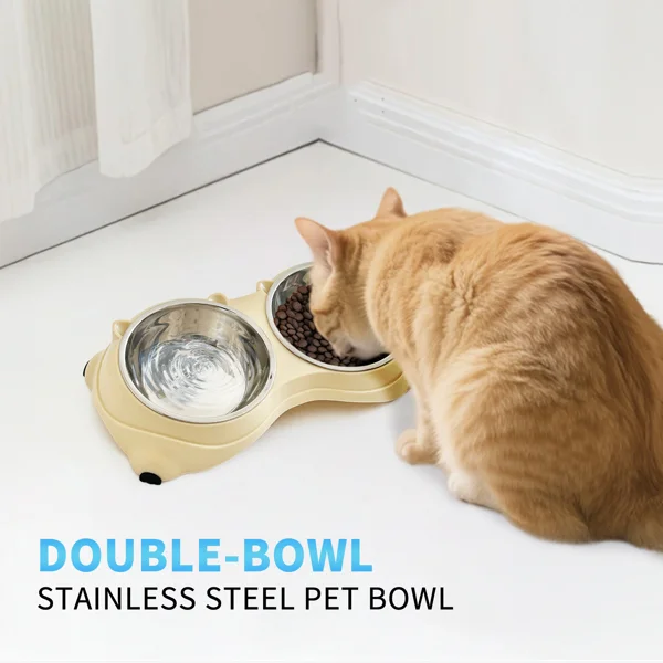 Anti slip base double cat food bowl, gray stainless steel food and water bowl, easy to clean and detachable design, cat and dog pet feeder view 6