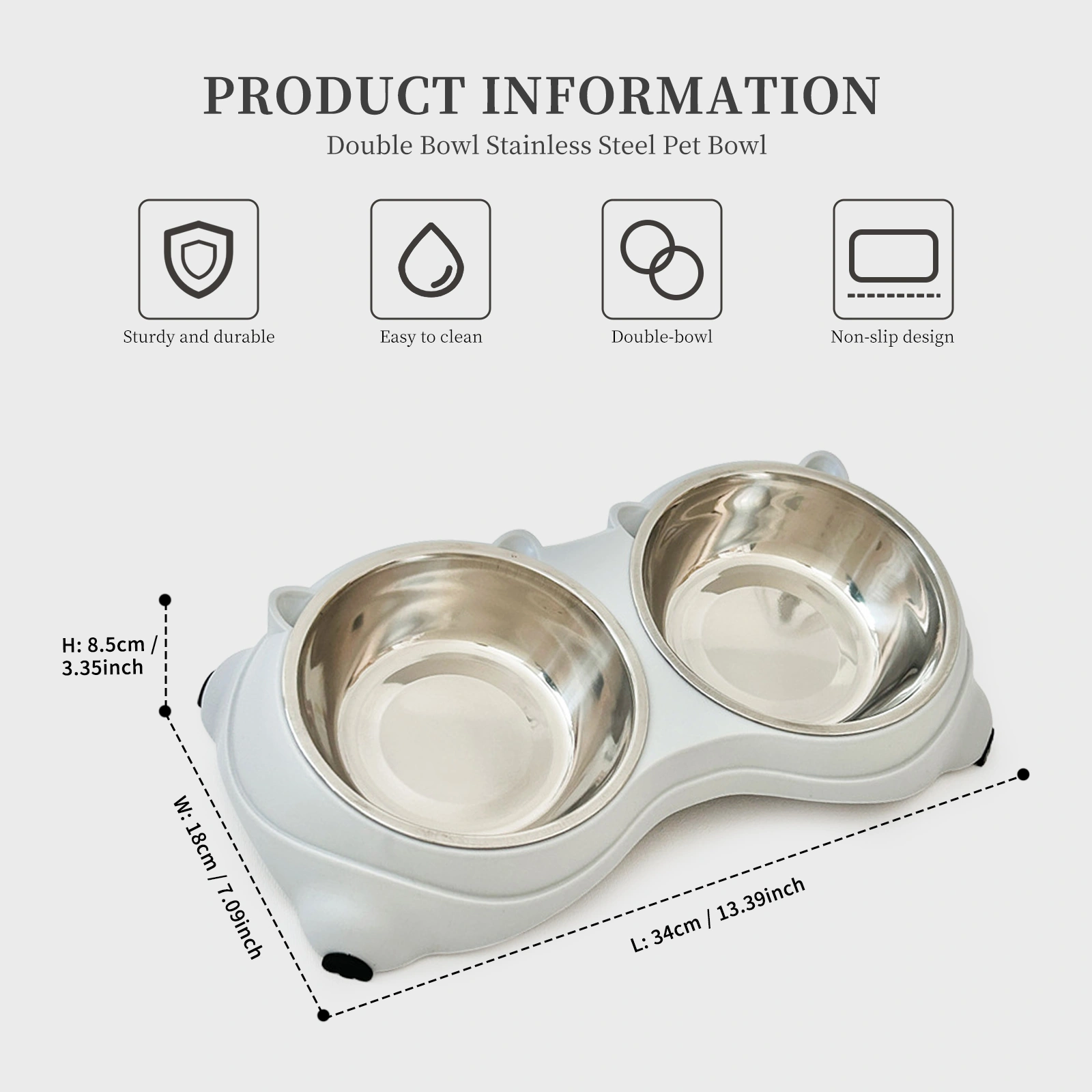 Anti slip base double cat food bowl, gray stainless steel food and water bowl, easy to clean and detachable design, cat and dog pet feeder