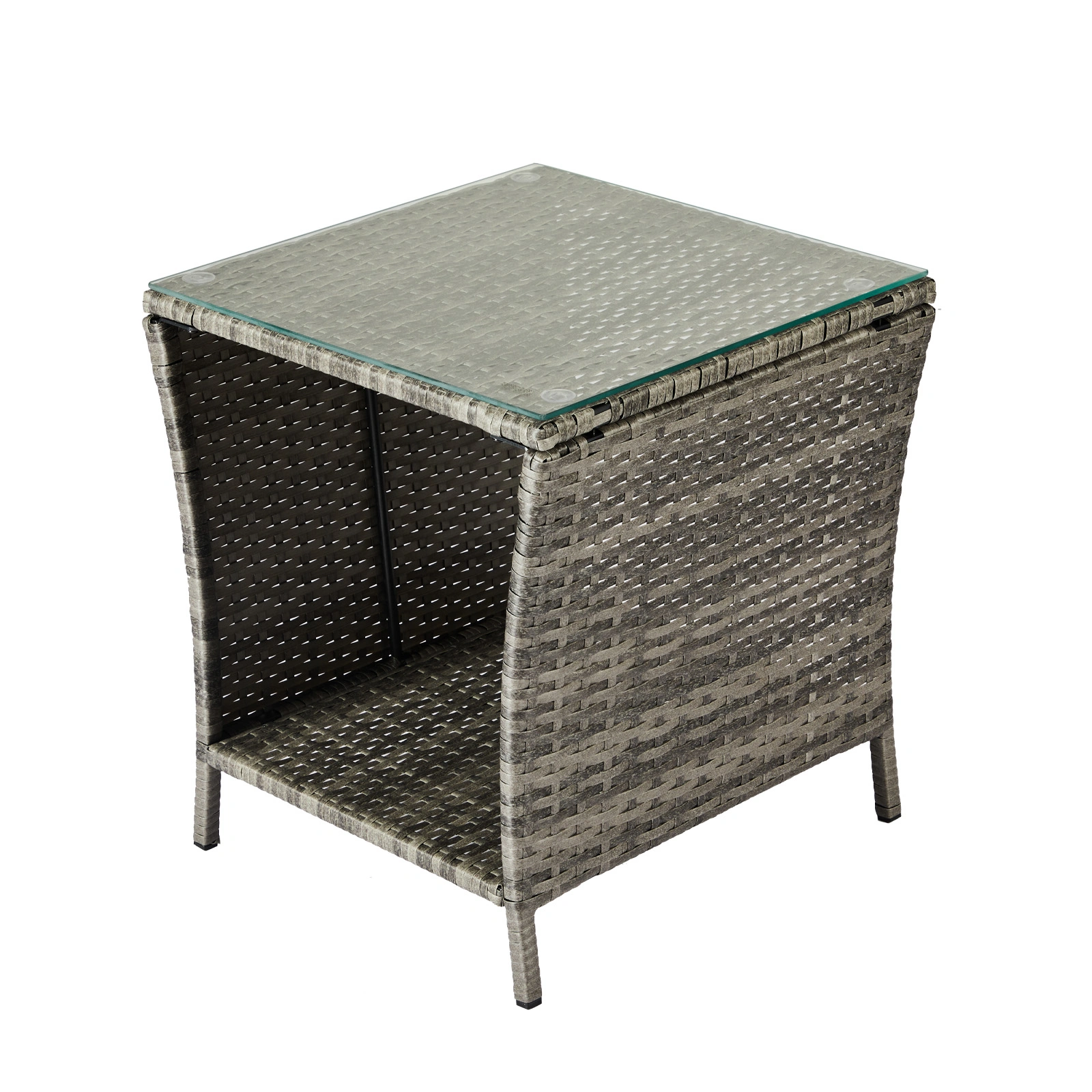 Outdoor Patio Wicker Side Table, Square End Table Bistro Coffee Table with Glass Top Storage Shelf for Porch Garden Backyard Grey view 11
